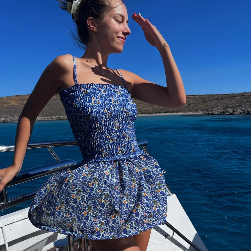 Strawberry Milk Mob Mykonos Scrunch Dress Blue Size Small NWT